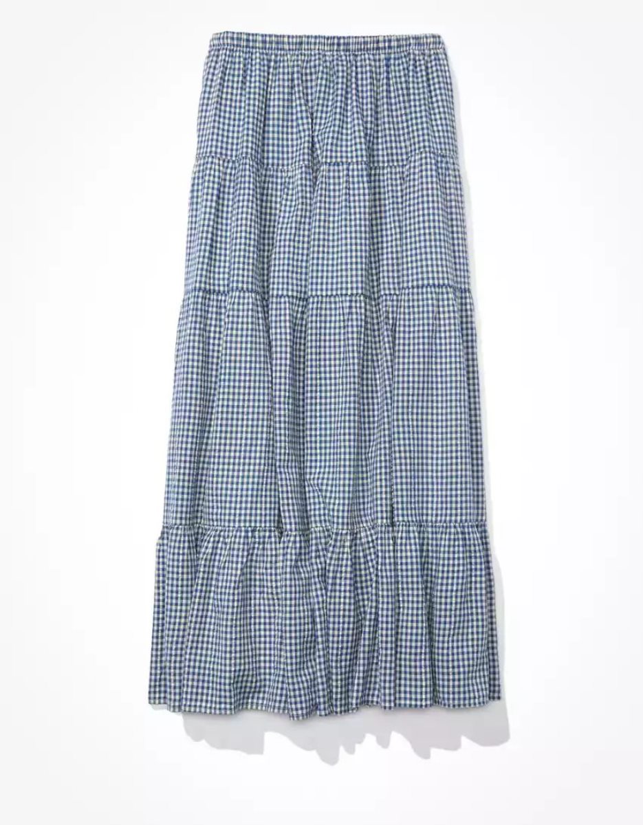 Jupes American Eagle AE Gingham Tiered Midi Bleu Marine Femme | OLK-32147003